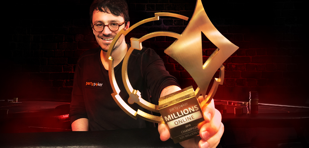 Team partypoker's Isaac Haxton shows off the 2018 MILLION Online trophy